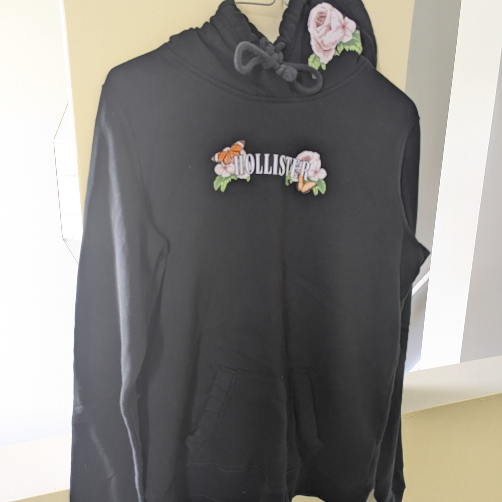 Hollister Black Hoodie with Rose Embroidery
